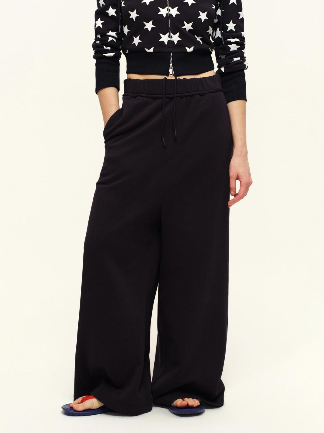 RUN TO THE FUTURE Relaxed Minimal Patchwork Print Unisex Elastic Mid Waist Cotton Wide-Leg Pants