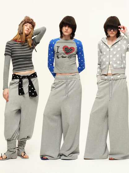 RUN TO THE FUTURE Relaxed Minimal Patchwork Print Unisex Elastic Mid Waist Cotton Wide-Leg Pants