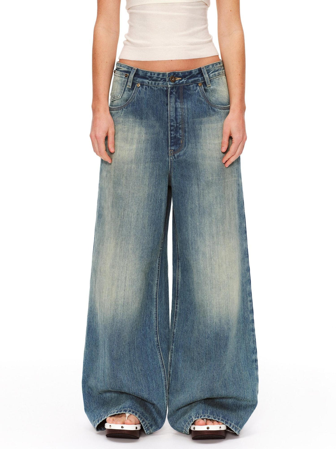 RUN TO THE FUTURE Retro Distressed Washed Natural Waist Loose Unisex Denim Wide-Leg Jeans
