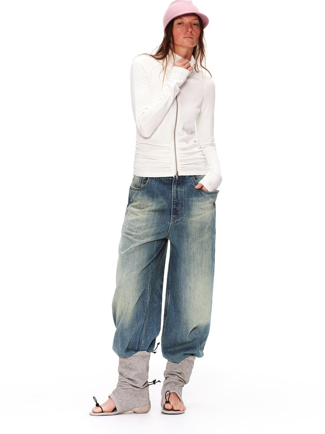 RUN TO THE FUTURE Retro Distressed Washed Natural Waist Loose Unisex Denim Wide-Leg Jeans