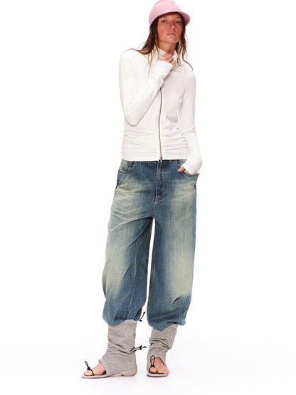 RUN TO THE FUTURE Retro Distressed Washed Natural Waist Loose Unisex Denim Wide-Leg Jeans