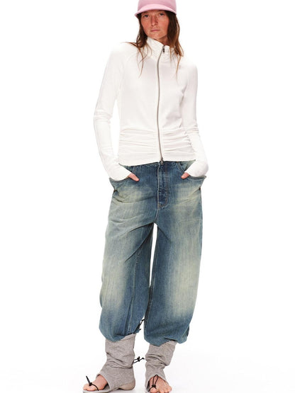 RUN TO THE FUTURE Retro Distressed Washed Natural Waist Loose Unisex Denim Wide-Leg Jeans