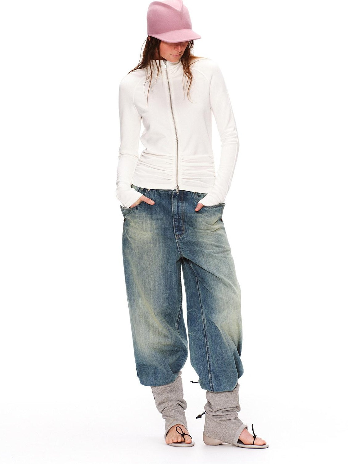 RUN TO THE FUTURE Retro Distressed Washed Natural Waist Loose Unisex Denim Wide-Leg Jeans