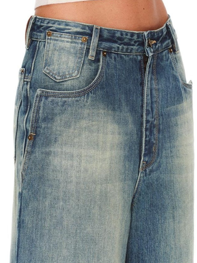 RUN TO THE FUTURE Retro Distressed Washed Natural Waist Loose Unisex Denim Wide-Leg Jeans