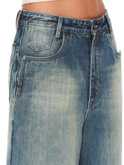 RUN TO THE FUTURE Retro Distressed Washed Natural Waist Loose Unisex Denim Wide-Leg Jeans