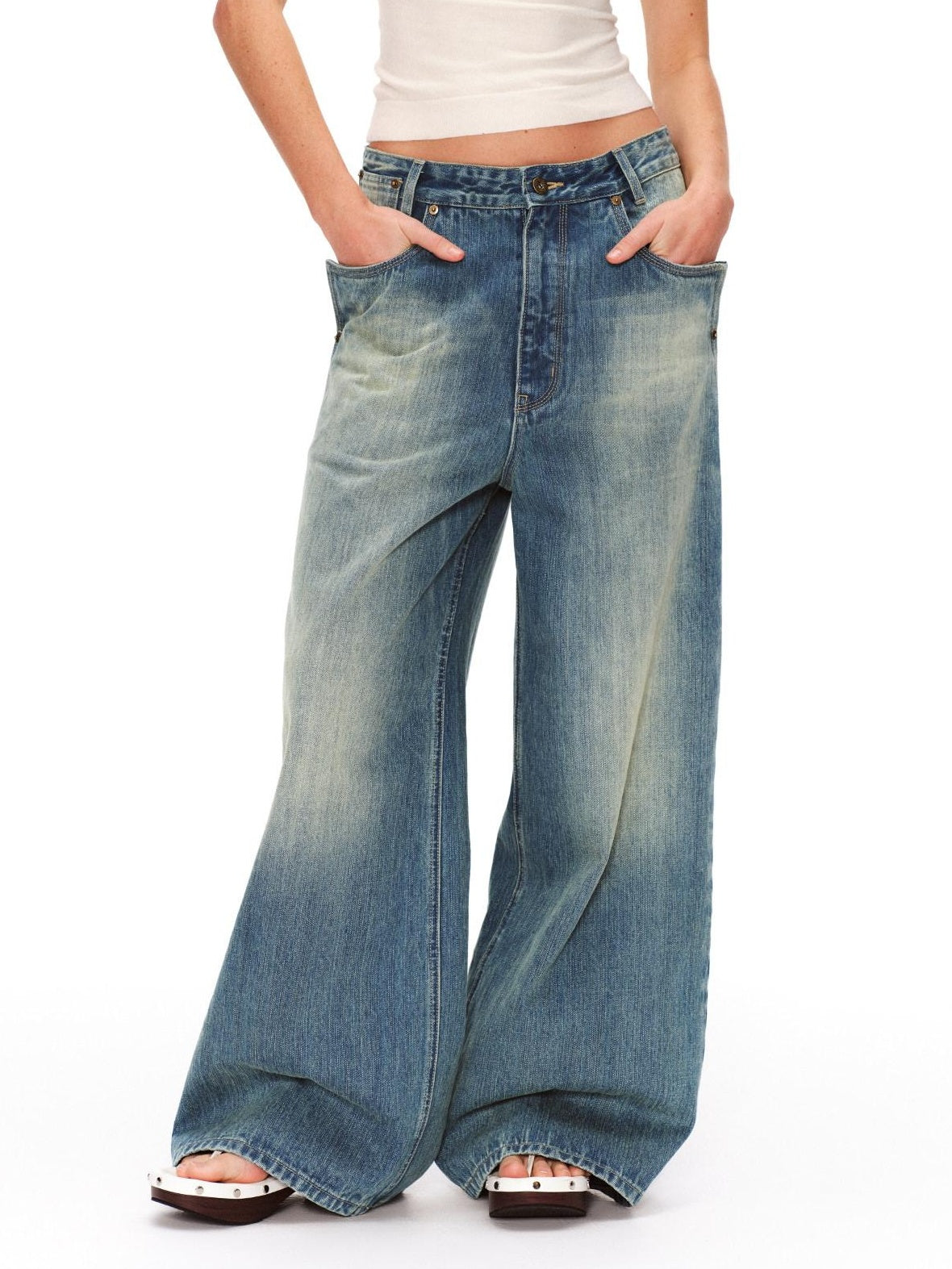 RUN TO THE FUTURE Retro Distressed Washed Natural Waist Loose Unisex Denim Wide-Leg Jeans