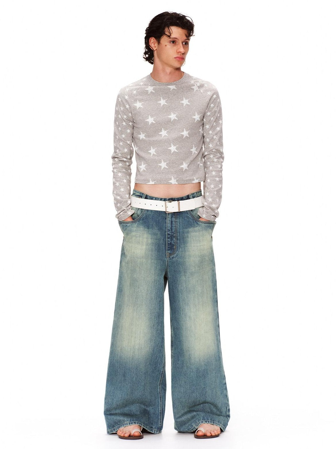 RUN TO THE FUTURE Retro Distressed Washed Natural Waist Loose Unisex Denim Wide-Leg Jeans