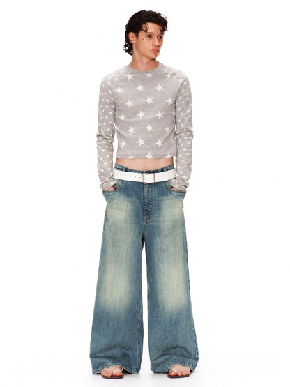 RUN TO THE FUTURE Retro Distressed Washed Natural Waist Loose Unisex Denim Wide-Leg Jeans