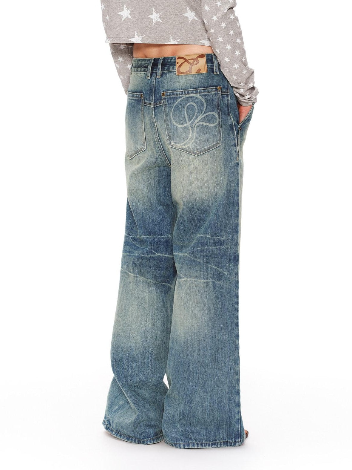 RUN TO THE FUTURE Retro Distressed Washed Natural Waist Loose Unisex Denim Wide-Leg Jeans