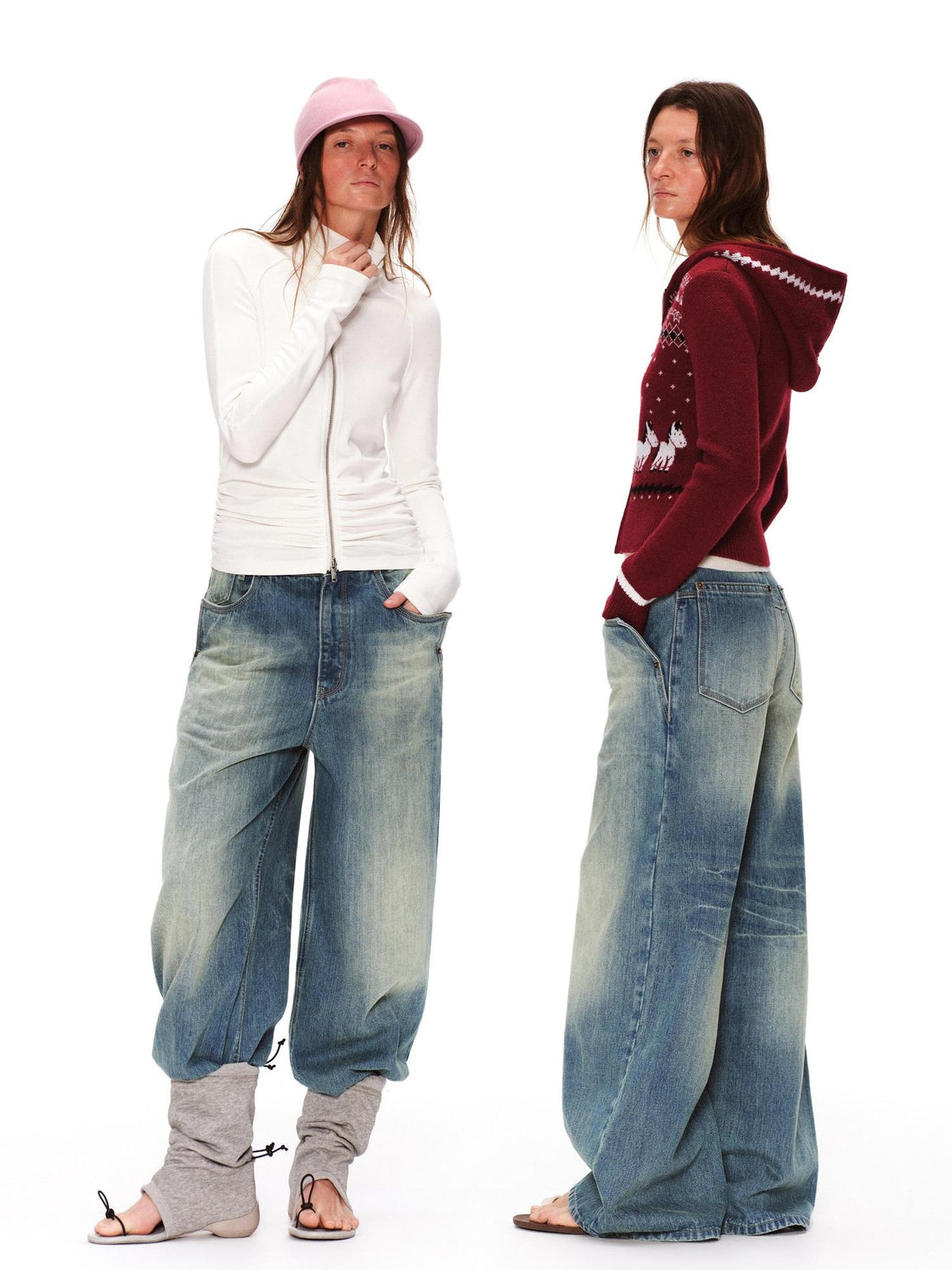 RUN TO THE FUTURE Retro Distressed Washed Natural Waist Loose Unisex Denim Wide-Leg Jeans