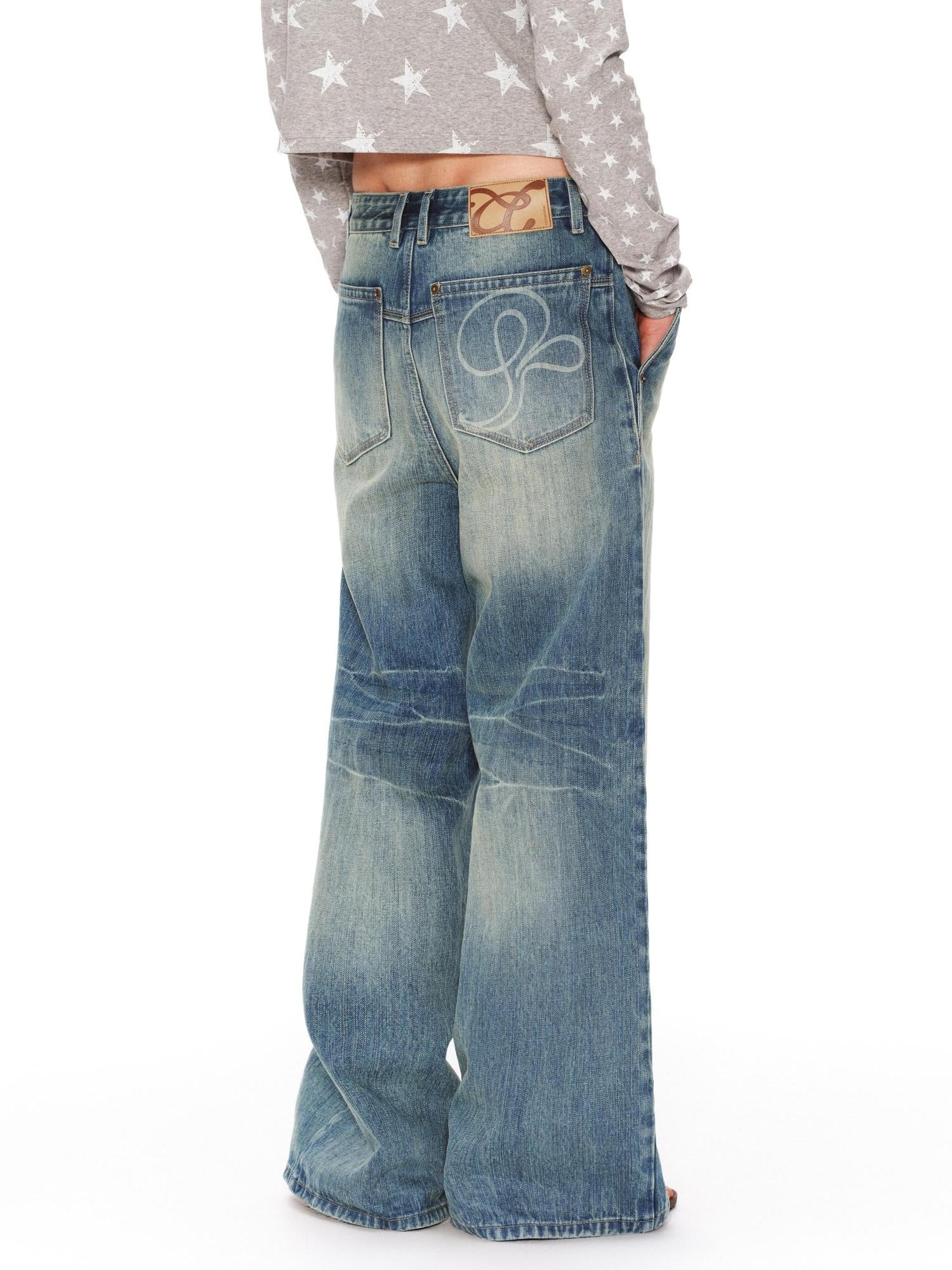 RUN TO THE FUTURE Retro Distressed Washed Natural Waist Loose Unisex Denim Wide-Leg Jeans