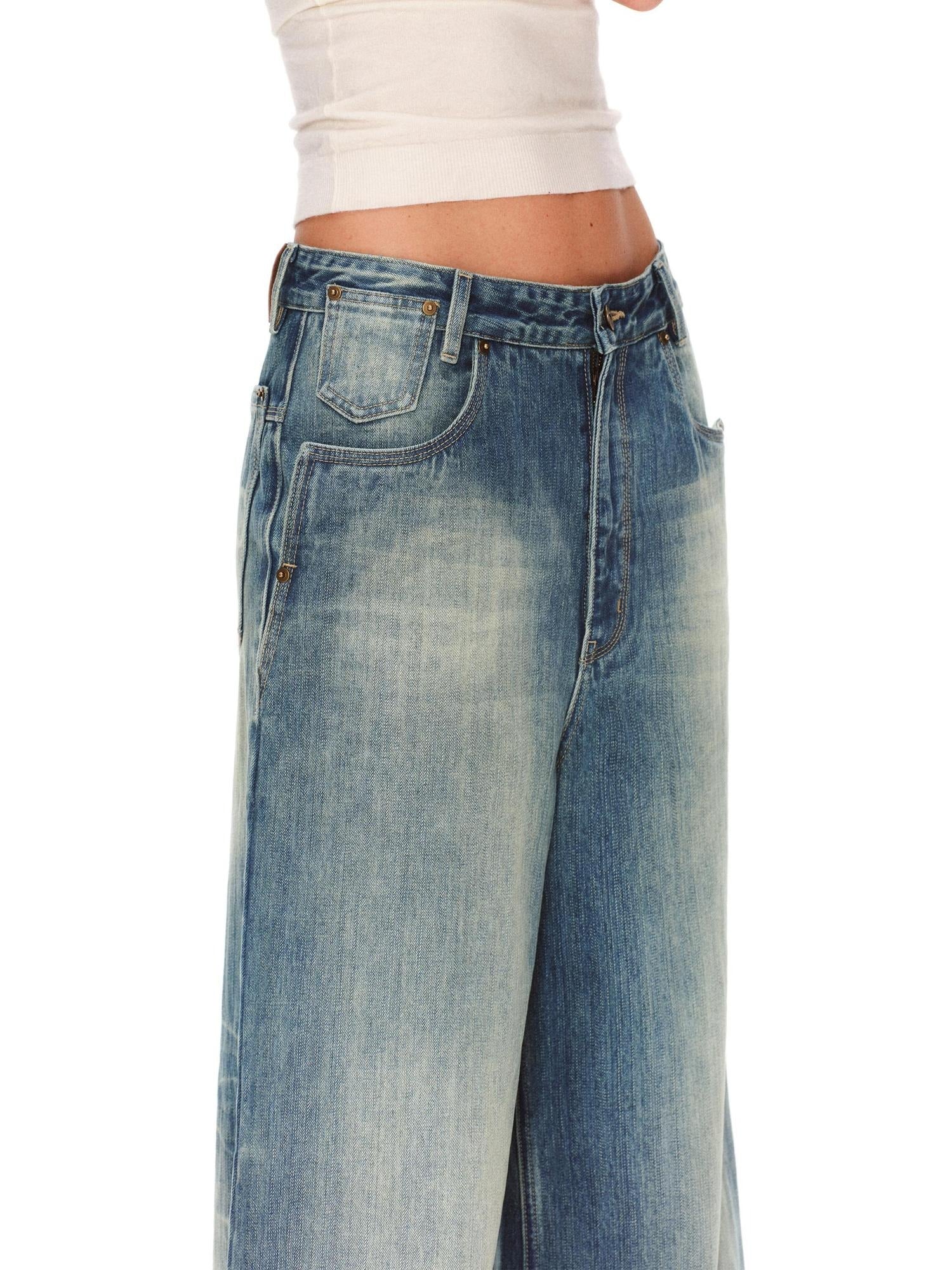 RUN TO THE FUTURE Retro Distressed Washed Natural Waist Loose Unisex Denim Wide-Leg Jeans