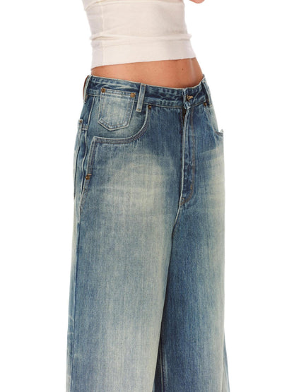 RUN TO THE FUTURE Retro Distressed Washed Natural Waist Loose Unisex Denim Wide-Leg Jeans