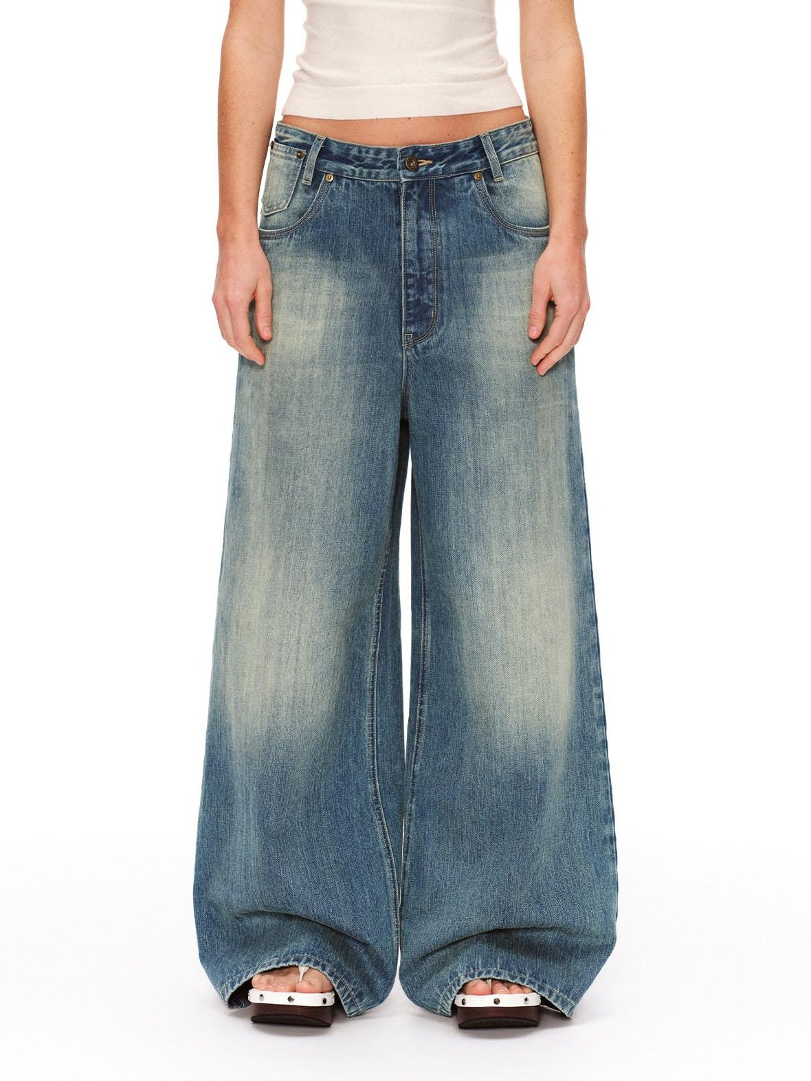 RUN TO THE FUTURE Retro Distressed Washed Natural Waist Loose Unisex Denim Wide-Leg Jeans