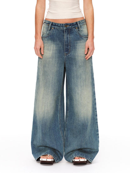 RUN TO THE FUTURE Retro Distressed Washed Natural Waist Loose Unisex Denim Wide-Leg Jeans