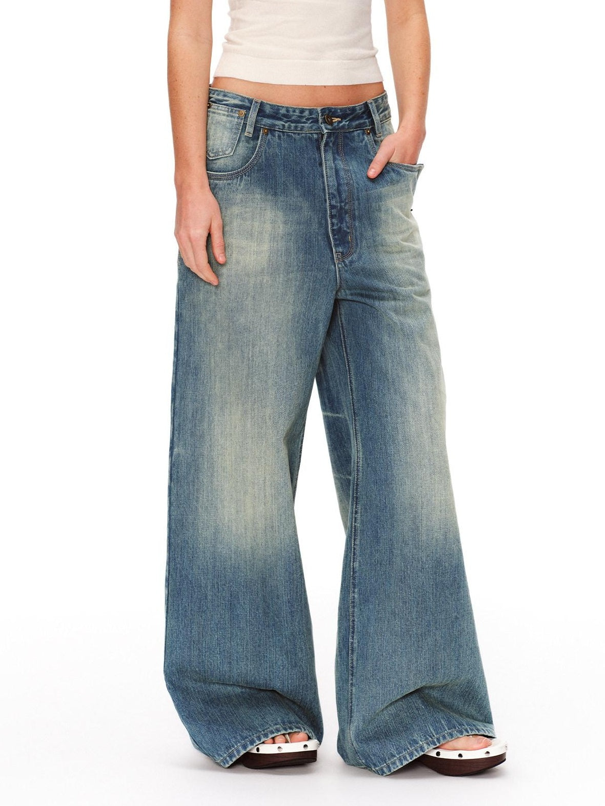RUN TO THE FUTURE Retro Distressed Washed Natural Waist Loose Unisex Denim Wide-Leg Jeans