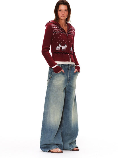 RUN TO THE FUTURE Retro Distressed Washed Natural Waist Loose Unisex Denim Wide-Leg Jeans