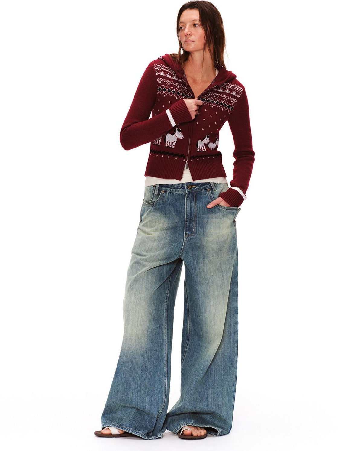 RUN TO THE FUTURE Retro Distressed Washed Natural Waist Loose Unisex Denim Wide-Leg Jeans