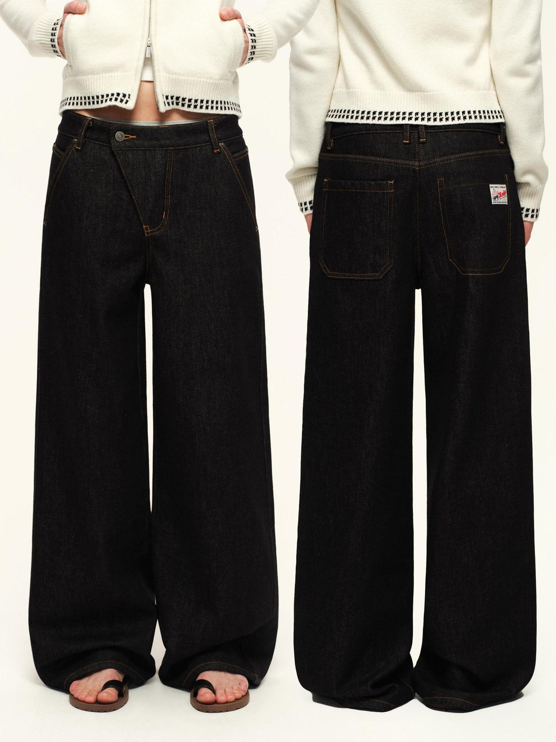RUN TO THE FUTURE Retro Washed Asymmetric Button Fly Natural Waist Unisex Wide-Leg Jeans