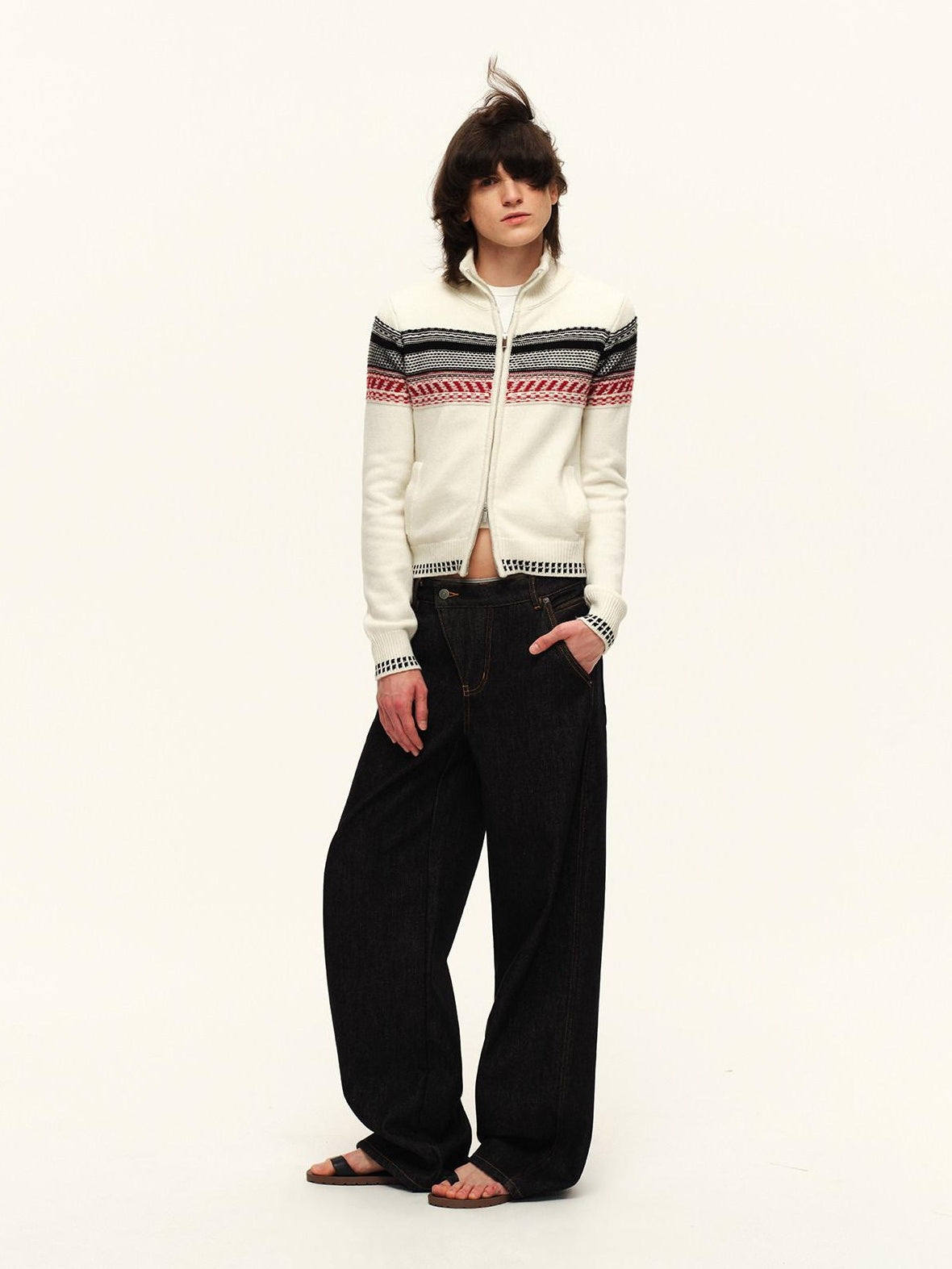 RUN TO THE FUTURE Retro Washed Asymmetric Button Fly Natural Waist Unisex Wide-Leg Jeans