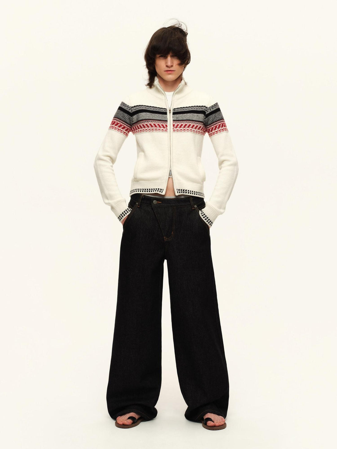 RUN TO THE FUTURE Retro Washed Asymmetric Button Fly Natural Waist Unisex Wide-Leg Jeans