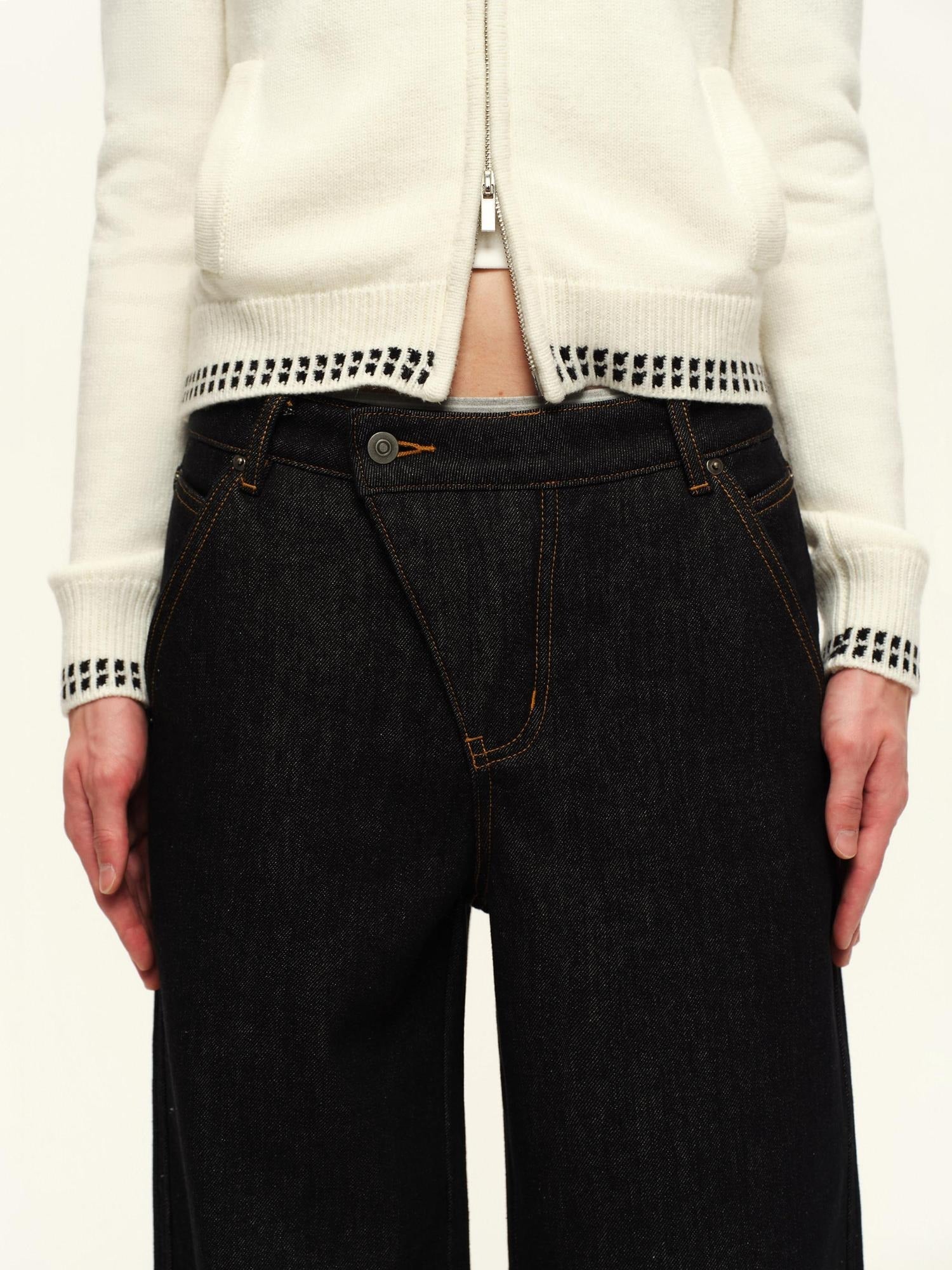 RUN TO THE FUTURE Retro Washed Asymmetric Button Fly Natural Waist Unisex Wide-Leg Jeans
