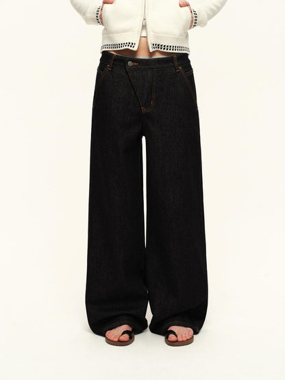 RUN TO THE FUTURE Retro Washed Asymmetric Button Fly Natural Waist Unisex Wide-Leg Jeans