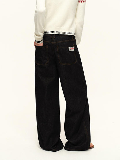 RUN TO THE FUTURE Retro Washed Asymmetric Button Fly Natural Waist Unisex Wide-Leg Jeans