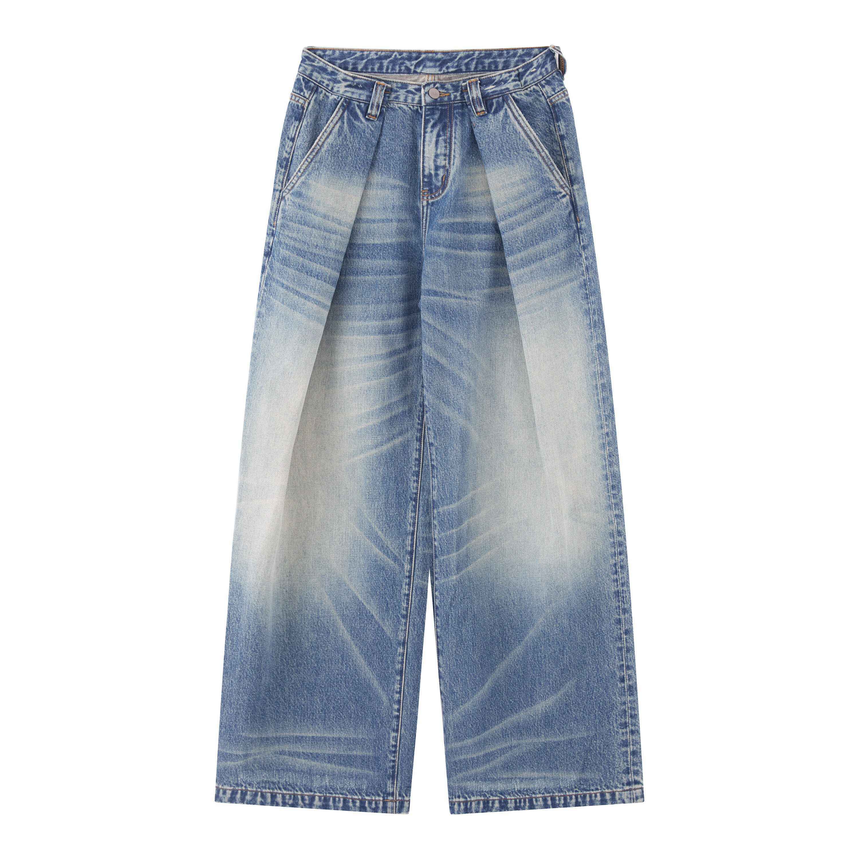 RUN TO THE FUTURE Retro Whisker Low Rise Relaxed Cotton Women Blue Denim Wide-Leg Jeans