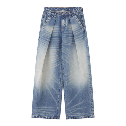 RUN TO THE FUTURE Retro Whisker Low Rise Relaxed Cotton Women Blue Denim Wide-Leg Jeans