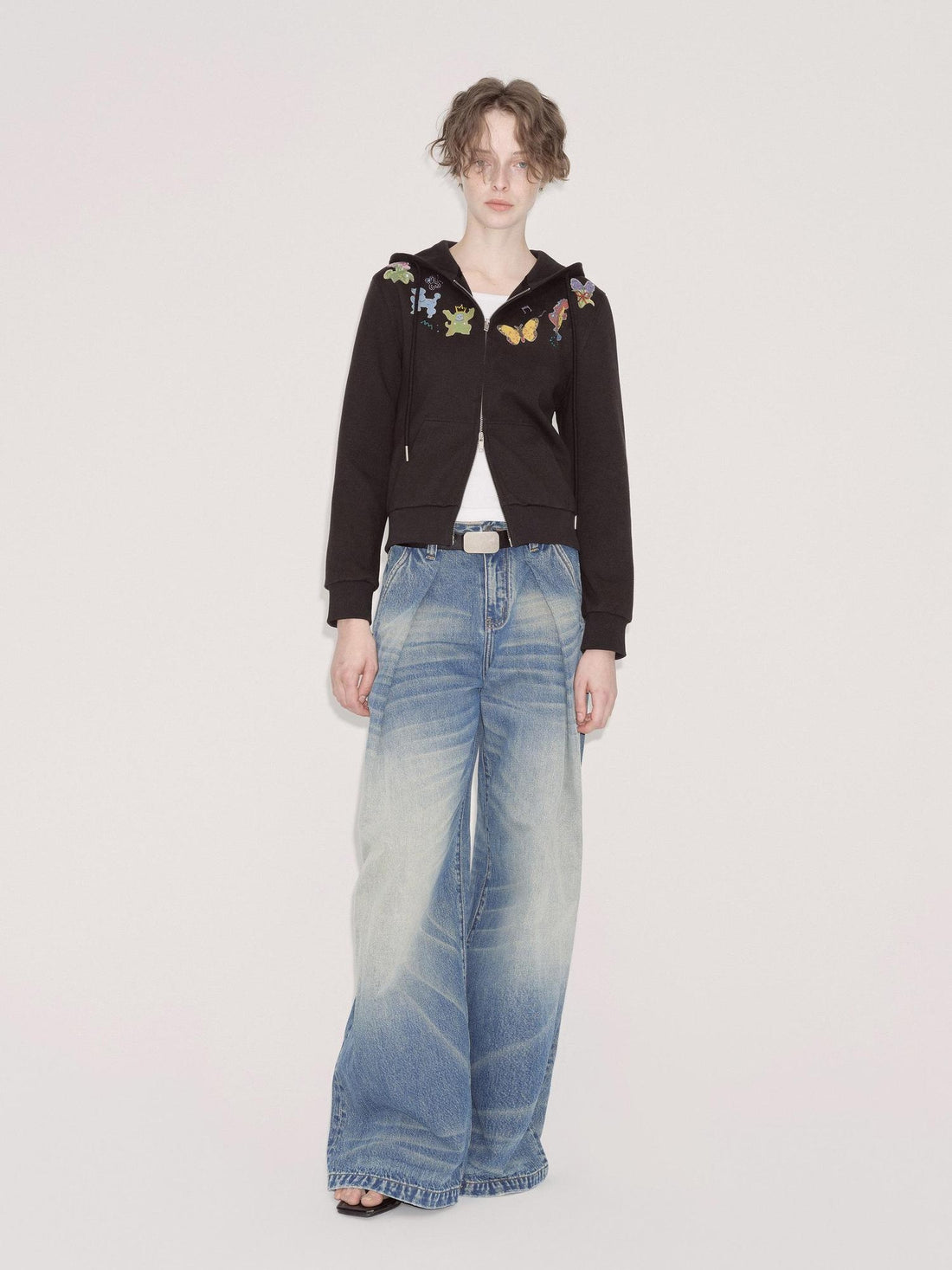 RUN TO THE FUTURE Retro Whisker Low Rise Relaxed Cotton Women Blue Denim Wide-Leg Jeans