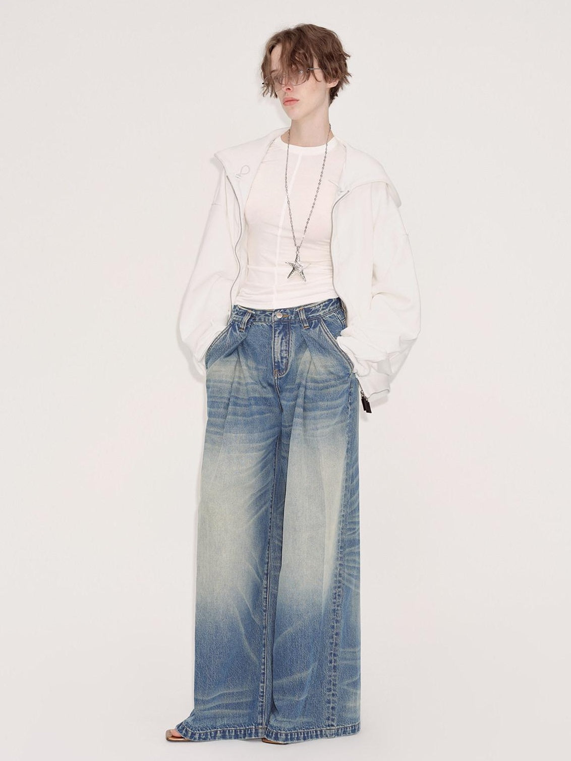 RUN TO THE FUTURE Retro Whisker Low Rise Relaxed Cotton Women Blue Denim Wide-Leg Jeans