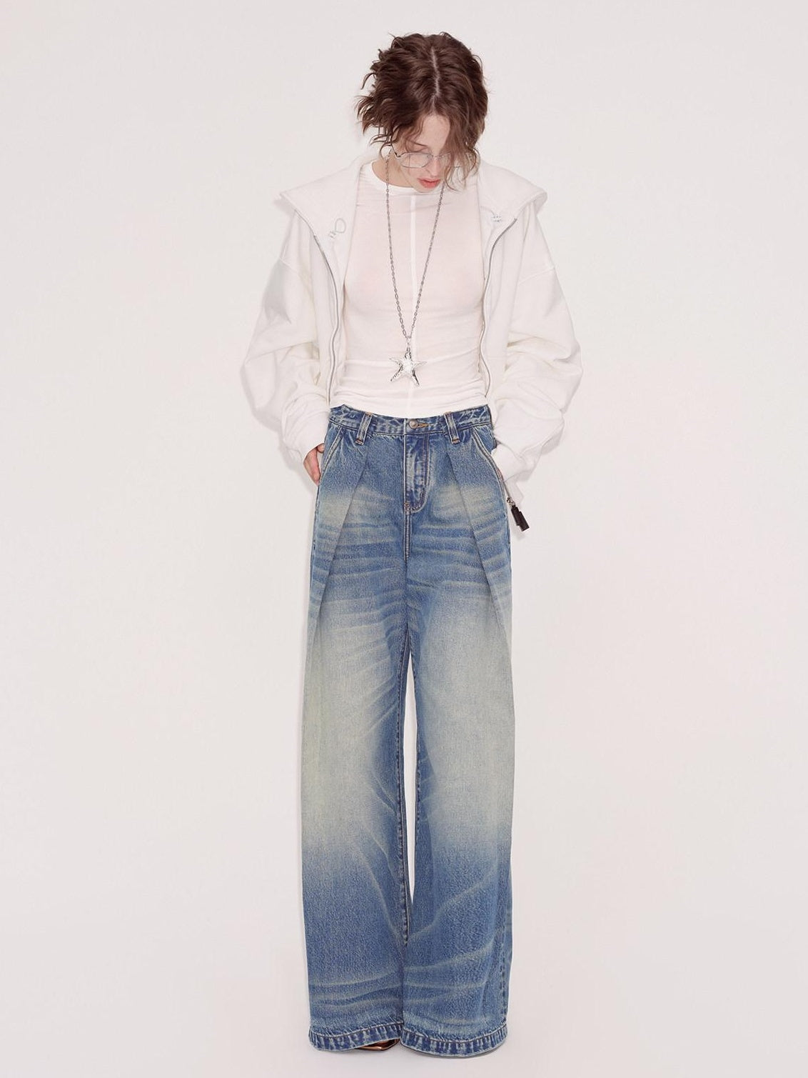 RUN TO THE FUTURE Retro Whisker Low Rise Relaxed Cotton Women Blue Denim Wide-Leg Jeans