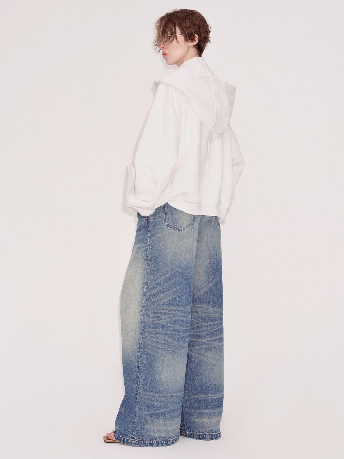RUN TO THE FUTURE Retro Whisker Low Rise Relaxed Cotton Women Blue Denim Wide-Leg Jeans
