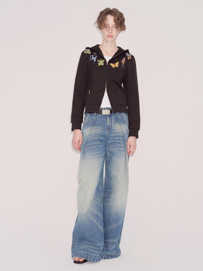 RUN TO THE FUTURE Retro Whisker Low Rise Relaxed Cotton Women Blue Denim Wide-Leg Jeans