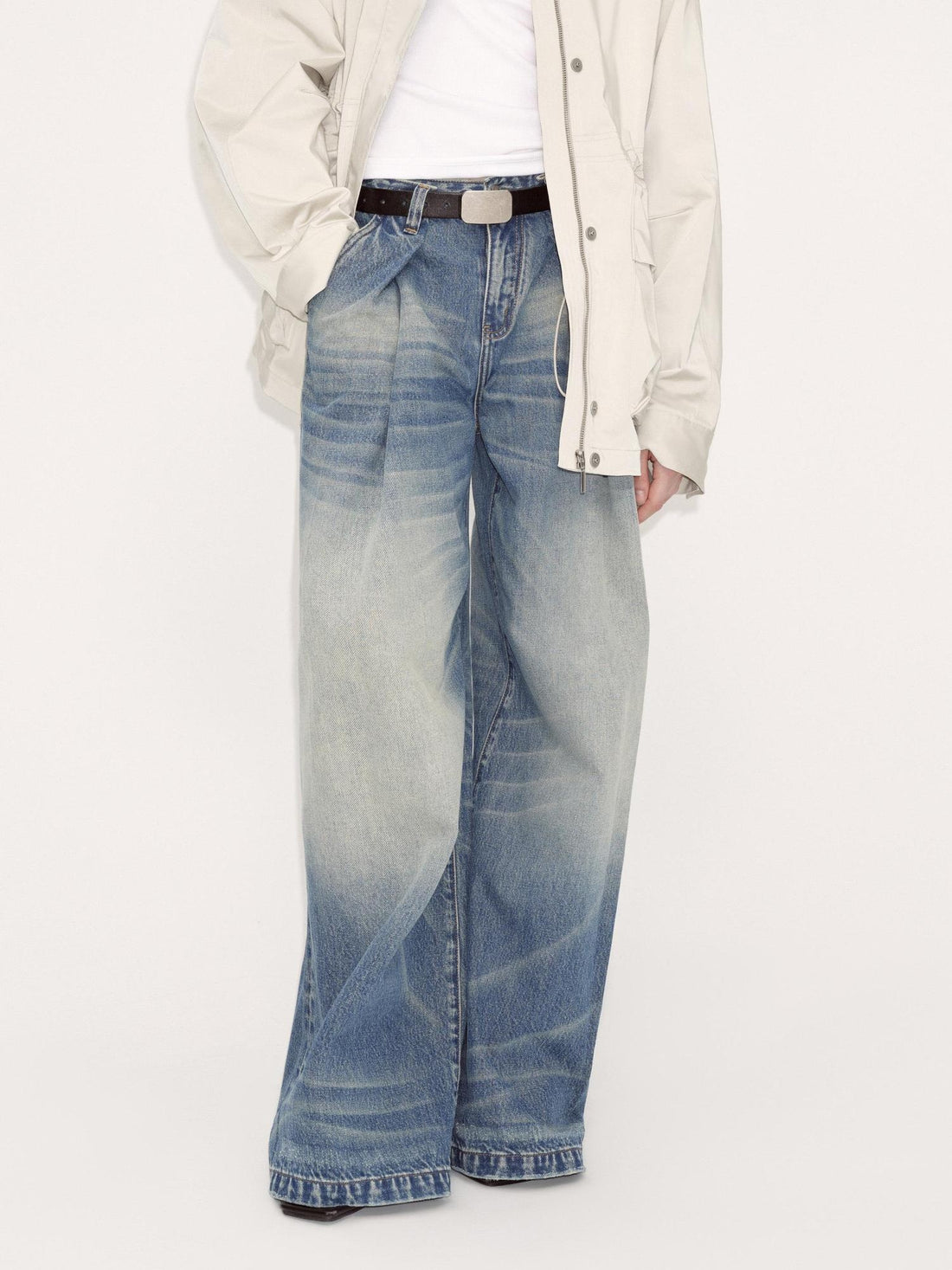 RUN TO THE FUTURE Retro Whisker Low Rise Relaxed Cotton Women Blue Denim Wide-Leg Jeans
