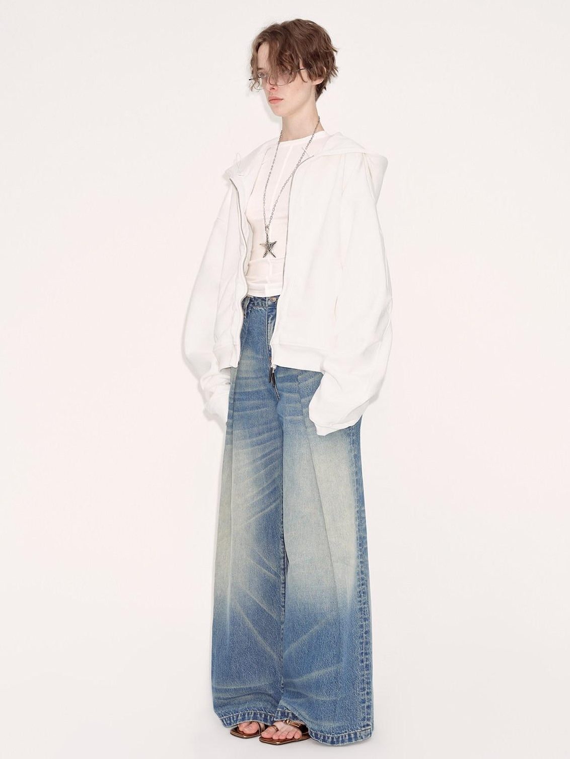 RUN TO THE FUTURE Retro Whisker Low Rise Relaxed Cotton Women Blue Denim Wide-Leg Jeans