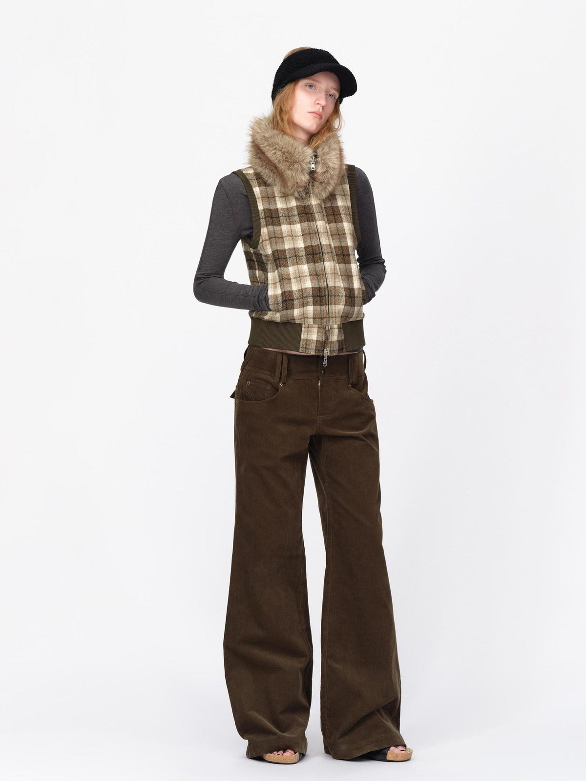 RUN TO THE FUTURE Reversible Plaid Faux Fur Collar Loose Fit Cotton Women&