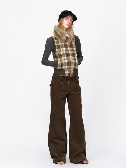RUN TO THE FUTURE Reversible Plaid Faux Fur Collar Loose Fit Cotton Women&