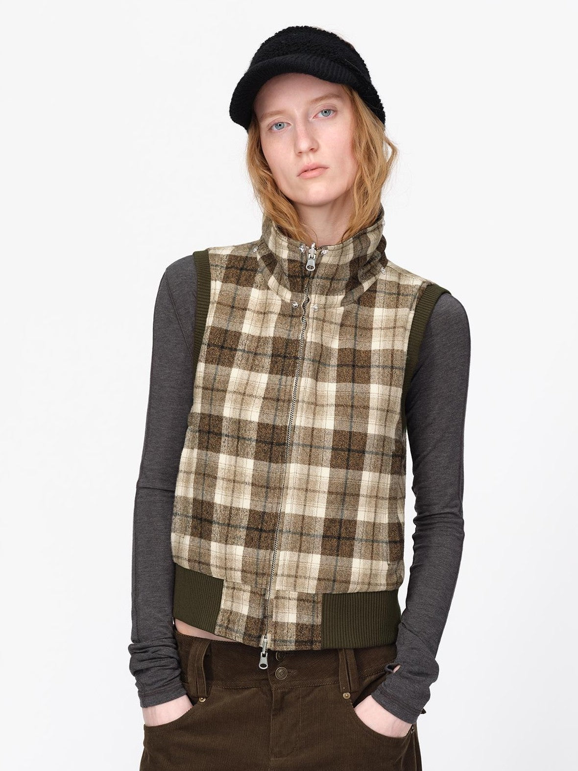 RUN TO THE FUTURE Reversible Plaid Faux Fur Collar Loose Fit Cotton Women&