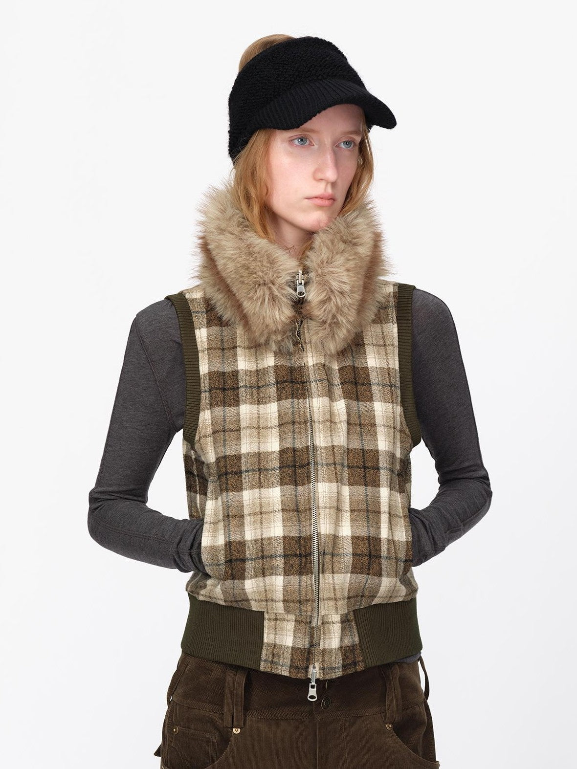 RUN TO THE FUTURE Reversible Plaid Faux Fur Collar Loose Fit Cotton Women&