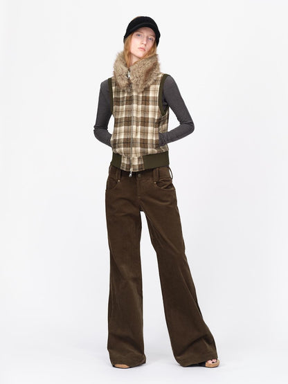 RUN TO THE FUTURE Reversible Plaid Faux Fur Collar Loose Fit Cotton Women&