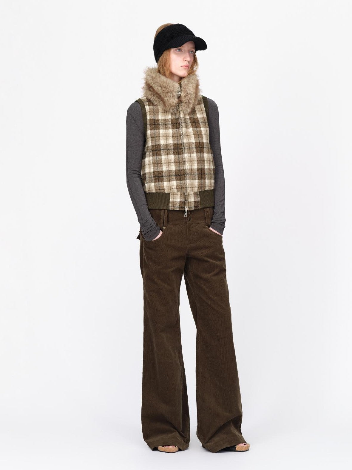 RUN TO THE FUTURE Reversible Plaid Faux Fur Collar Loose Fit Cotton Women&