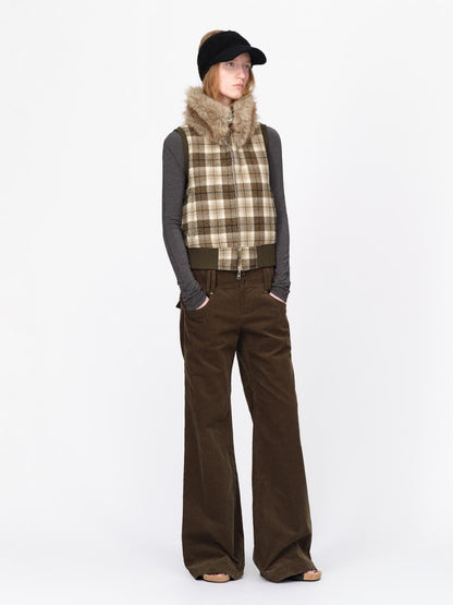 RUN TO THE FUTURE Reversible Plaid Faux Fur Collar Loose Fit Cotton Women&
