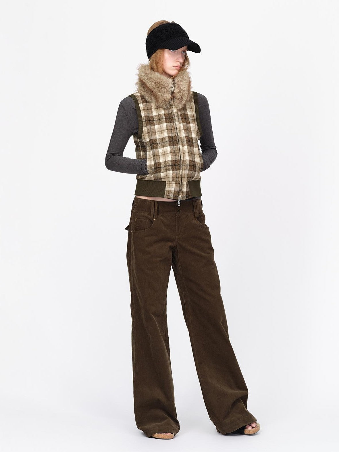 RUN TO THE FUTURE Reversible Plaid Faux Fur Collar Loose Fit Cotton Women&