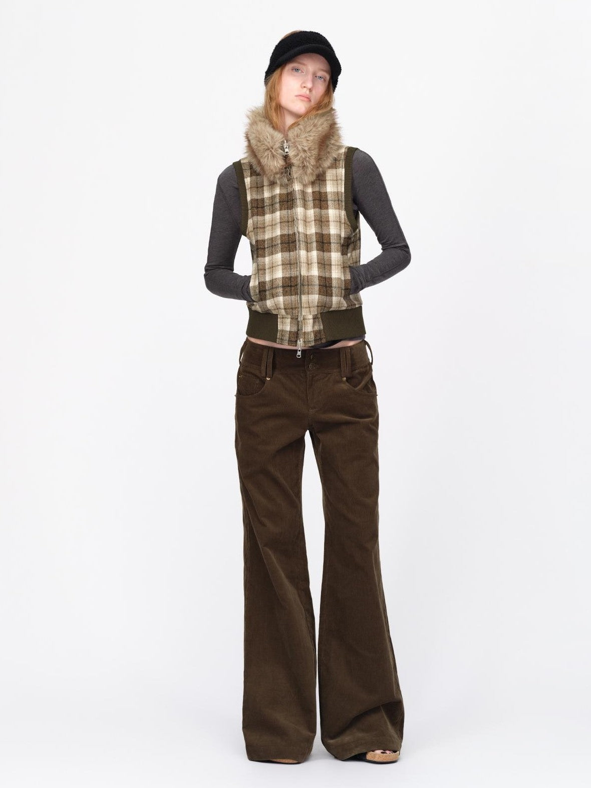 RUN TO THE FUTURE Reversible Plaid Faux Fur Collar Loose Fit Cotton Women&