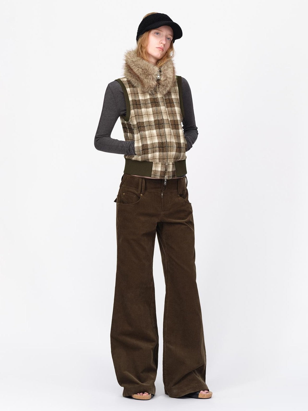 RUN TO THE FUTURE Reversible Plaid Faux Fur Collar Loose Fit Cotton Women&