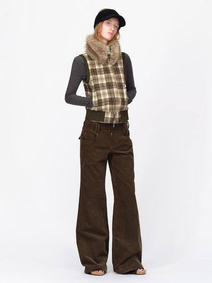 RUN TO THE FUTURE Reversible Plaid Faux Fur Collar Loose Fit Cotton Women&