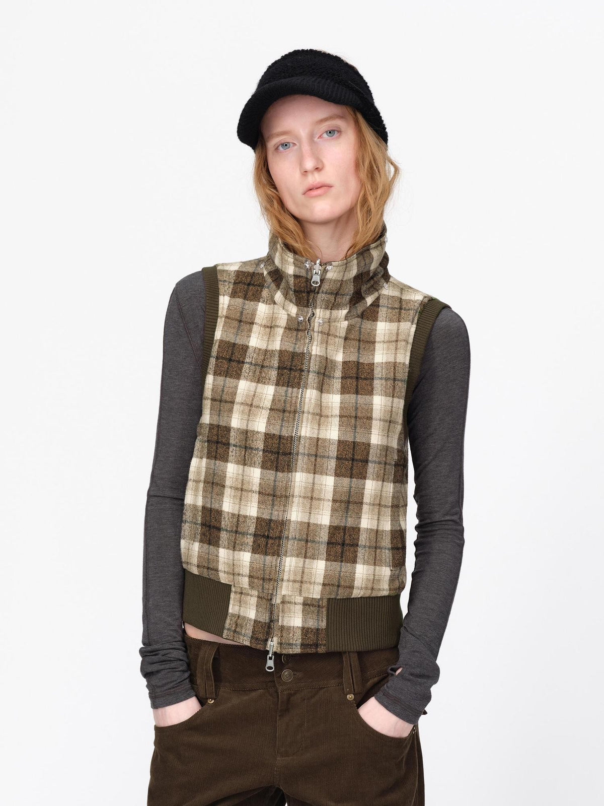 RUN TO THE FUTURE Reversible Plaid Faux Fur Collar Loose Fit Cotton Women&