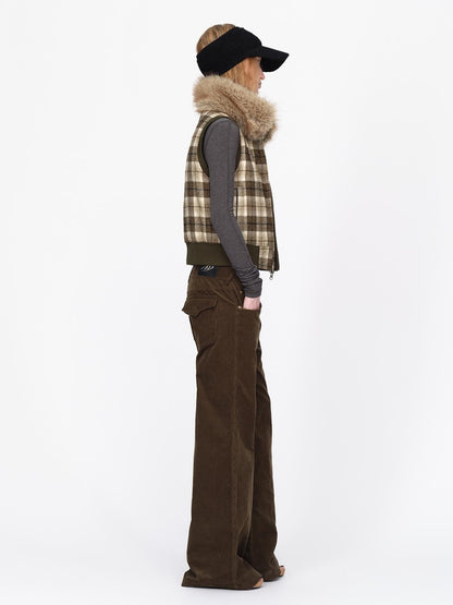 RUN TO THE FUTURE Reversible Plaid Faux Fur Collar Loose Fit Cotton Women&